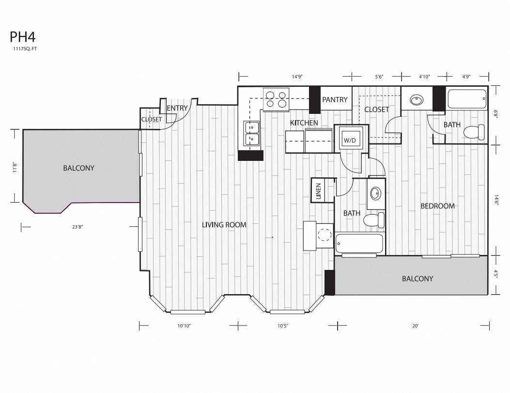 Floor plan for 1 bed, 2 baths, 1117 sqft